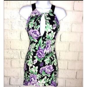 Maurie & Eve Floral Sheath Dress Purple Black Keyhole High Hi Low Bodycon S
